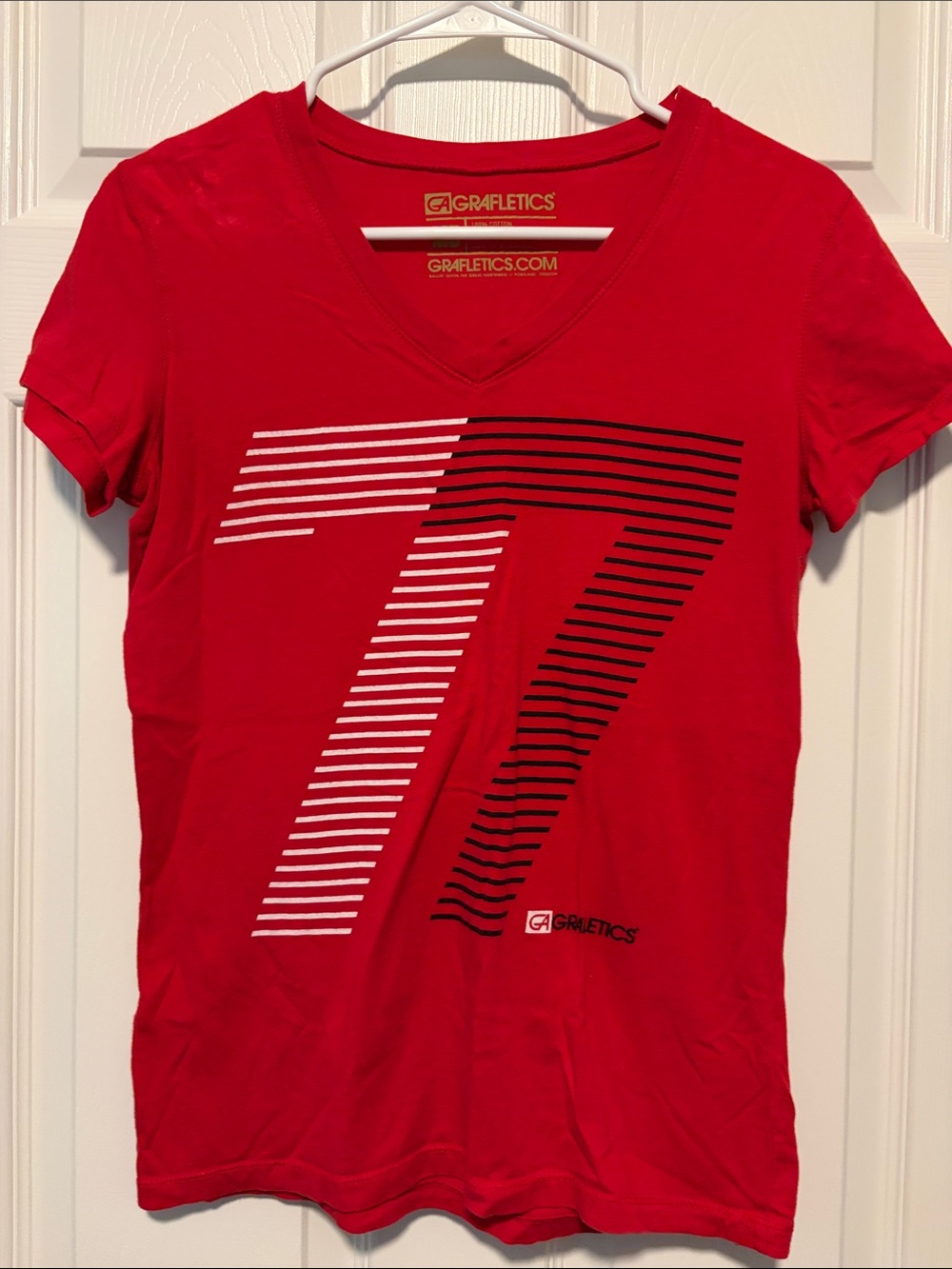 Women's Red Short Sleeve V-Neck Tee - '17' Graphic
